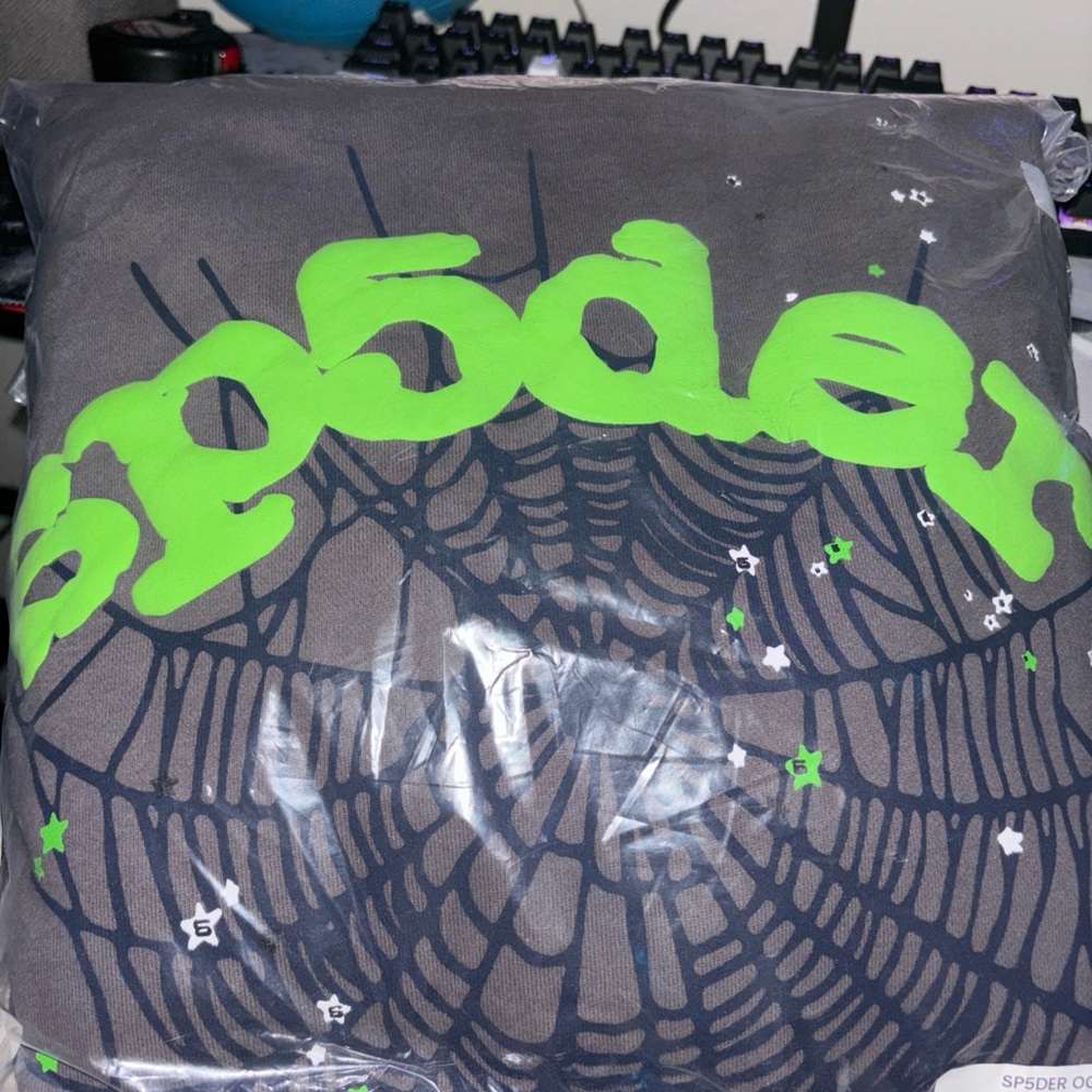 Sp5der Gray and Green Hoodie Worldwide Web